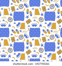 Bedroom icons. Seamless vector pattern with pillows, slippers, lamp. Pattern for packaging, wallpaper, fabric, bedroom decoration