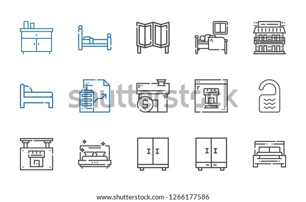 bedroom icons set.\
Collection of bedroom with bed, closet, real estate, room,\
mortgage, motel, sleep, room divider, chest of drawers. Editable\
and scalable bedroom\
icons.