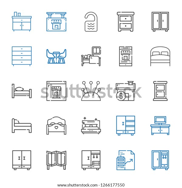 bedroom icons set.\
Collection of bedroom with closet, real estate, room divider, tv\
table, bed, chest of drawers, mortgage, cushion, sleep. Editable\
and scalable bedroom\
icons.