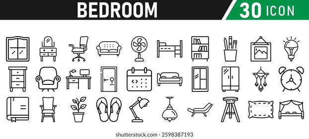 Bedroom Icons set. Editable Stroke. For Mobile and Web.  Lamp, Armchair, Tv Bench, Desk, Sofa, Couch, Door, Bed, Wardrobe, Bath, Dining Table, Mirror. Icons collection