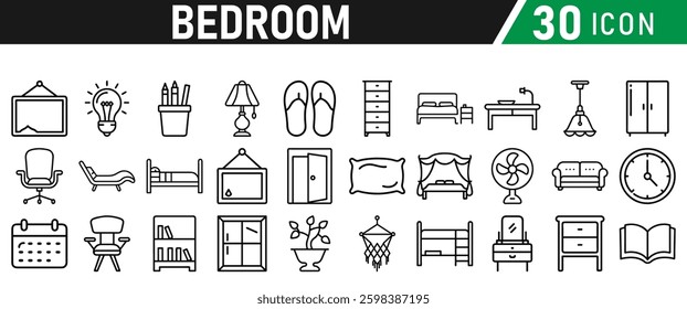 Bedroom Icons set. Editable Stroke. For Mobile and Web.  Lamp, Armchair, Tv Bench, Desk, Sofa, Couch, Door, Bed, Wardrobe, Bath, Dining Table, Mirror. Icons collection