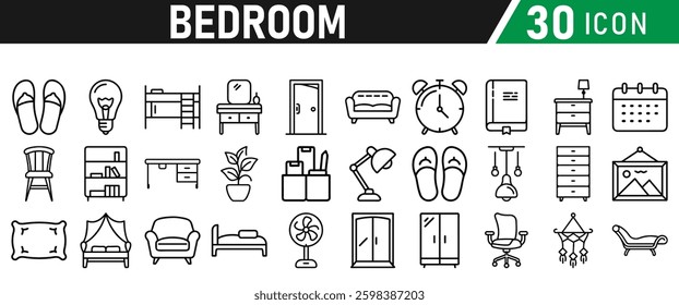 Bedroom Icons set. Editable Stroke. For Mobile and Web.  Lamp, Armchair, Tv Bench, Desk, Sofa, Couch, Door, Bed, Wardrobe, Bath, Dining Table, Mirror. Icons collection