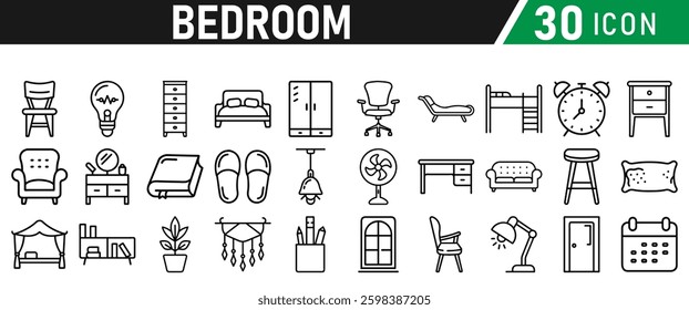 Bedroom Icons set. Editable Stroke. For Mobile and Web.  Lamp, Armchair, Tv Bench, Desk, Sofa, Couch, Door, Bed, Wardrobe, Bath, Dining Table, Mirror. Icons collection