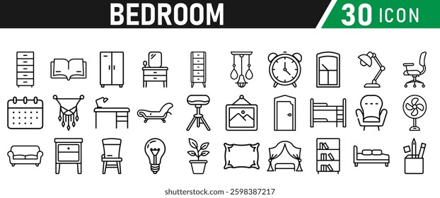 Bedroom Icons set. Editable Stroke. For Mobile and Web.  Lamp, Armchair, Tv Bench, Desk, Sofa, Couch, Door, Bed, Wardrobe, Bath, Dining Table, Mirror. Icons collection