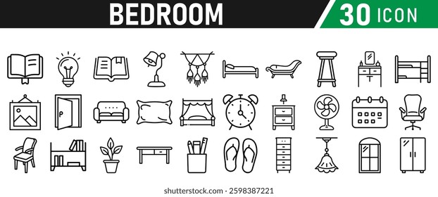 Bedroom Icons set. Editable Stroke. For Mobile and Web.  Lamp, Armchair, Tv Bench, Desk, Sofa, Couch, Door, Bed, Wardrobe, Bath, Dining Table, Mirror. Icons collection
