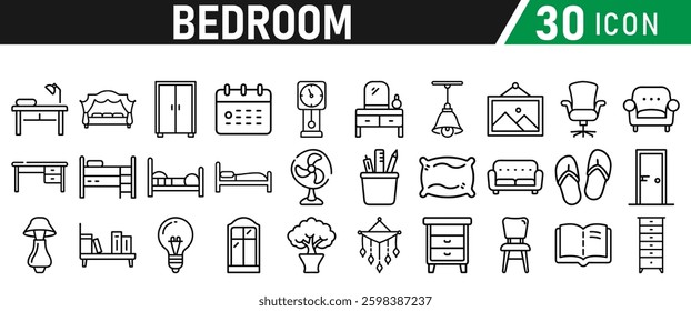 Bedroom Icons set. Editable Stroke. For Mobile and Web.  Lamp, Armchair, Tv Bench, Desk, Sofa, Couch, Door, Bed, Wardrobe, Bath, Dining Table, Mirror. Icons collection