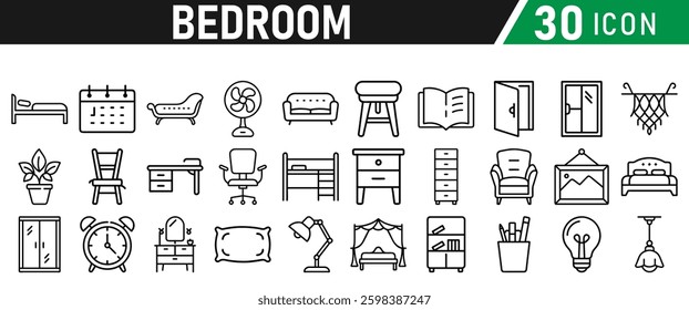 Bedroom Icons set. Editable Stroke. For Mobile and Web.  Lamp, Armchair, Tv Bench, Desk, Sofa, Couch, Door, Bed, Wardrobe, Bath, Dining Table, Mirror. Icons collection