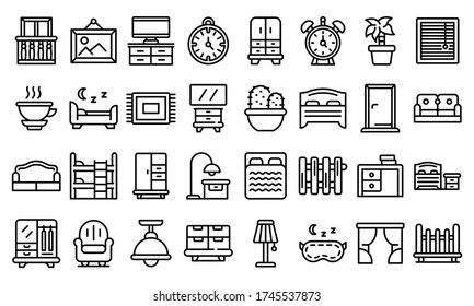 Bedroom icons set. Outline set of bedroom vector icons for web design isolated on white background