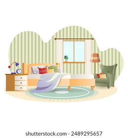 Bedroom illustration. Bed, pedestal, armchair, pillows, lamp. Editable vector graphic design.
