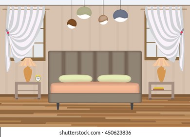 Bedroom Illustration. Elevation Room with Bed, Side Table, Lamp, Window and Curtains. Furniture Set for Your Interior Design .