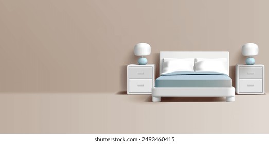 Bedroom interior, 3D. White bed and sideboards, sideboards. Banner for advertising home comfort, hotels, housing, and recreation. Vector