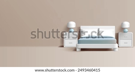 Bedroom interior, 3D. White bed and sideboards, sideboards. Banner for advertising home comfort, hotels, housing, and recreation. Vector