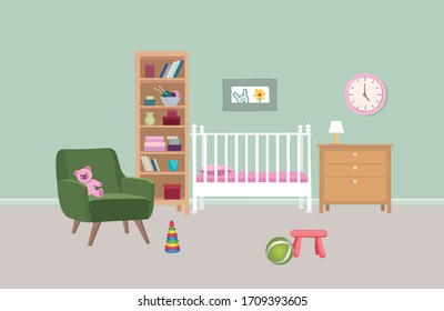 Bedroom interior background. Baby bed-room colored art. Kid room furniture design.