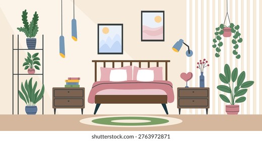 Bedroom interior background. Concept of relax, sleeping, interiors. Vector hand drawn banner in flat style.
