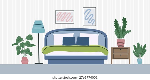 Bedroom interior background2. Concept of relax, sleeping, interiors. Vector hand drawn banner in flat style.