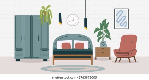Bedroom interior background3. Concept of relax, sleeping, interiors. Vector hand drawn banner in flat style.