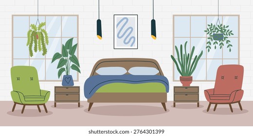 Bedroom interior background5. Concept of relax, sleeping, interiors, home. Vector hand drawn banner in flat style.