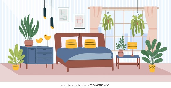 Bedroom interior background6. Concept of relax, sleeping, interiors, home. Vector hand drawn banner in flat style.