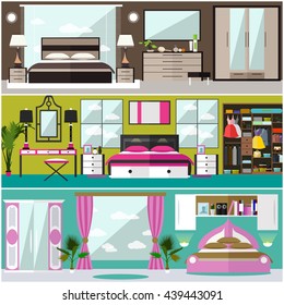 Bedroom interior banners set in flat style. Vector illustration. House room design elements and icons.