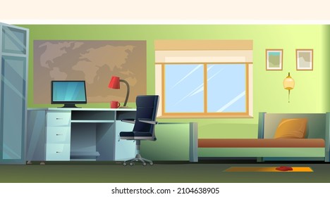 Bedroom interior with bed and computer table. Cozy room with furniture, windows and world map on wall. Nice cartoon style design. Vector