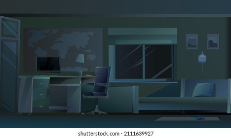 Schlafzimmereinrichtung mit Bett und Computertisch. Gemütliches Zimmer mit Möbeln, Fenstern und Weltkarte an der Wand. Nachts Zeit und Dunkelheit. Schönes Design im Cartoon-Stil. Vektorgrafik.