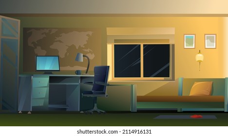 Bedroom interior with bed and computer table. Cozy room with furniture, windows and world map on wall. Evening time and soft light of the lamp. Nice cartoon style design. Vector.