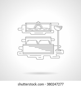 Bedroom interior with bed, floor lamp and landscape picture on a wall. Home or hotel interior. Single detailed flat line style vector icon. Web design elements for business, site, mobile app. 