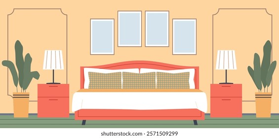 Bedroom interior. Bed front view. Nightstands, table lamps, potted plants, blank photographs, empty frames. Horizontal background. Modern furniture. Cartoon flat isolated vector concept