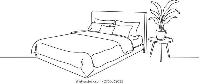 Bedroom Interior Bed Line Art. Continuous line drawing of double bed with table and houseplants. Modern loft furniture for the bedroom in a minimalist single-line style. vector illustration in doodle style. Bedroom bed with pillows and plant continuous line art interior illustration
