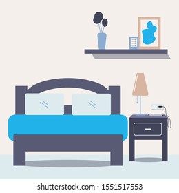 Bedroom interior with bed, nightstand, lamp and and other home goods. Part of apartment. Flat vector illustration.