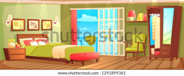 Bedroom Interior Bed Nightstand Wardrobe Window Stock Vector