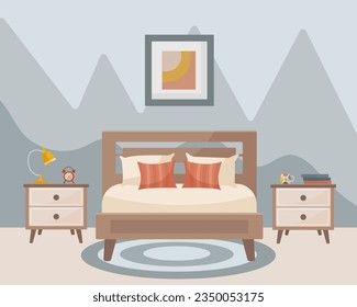 Bedroom interior: bed, pillows, bedside tables, table lamp, mug, books. Interior concept. Vector flat illustration.