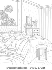 Bedroom interior. Bed, pillows, blankets, decor. Coloring book for adults.