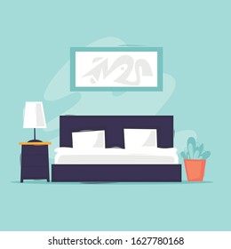 Bedroom. Interior. Bed with pillows. Flat design vector illustration.