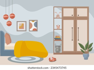 El interior de la habitación: cama, armario, moqueta, cuadros, libros, juguete mullido, flor en una olla. El concepto de interior. Ilustración plana vectorial.