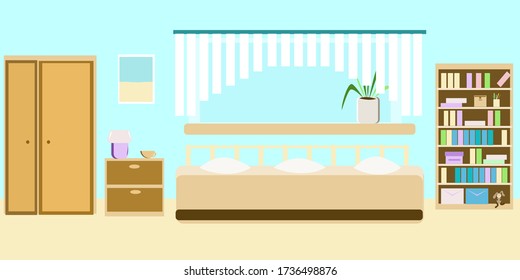 Bedroom interior in beige tones with a window and a bookcase