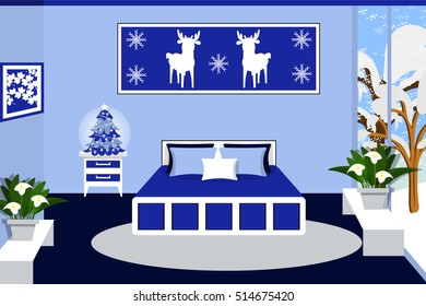 Bedroom interior in blue colors vector illustration. Bed, window, bedside table, plant, tree, painting