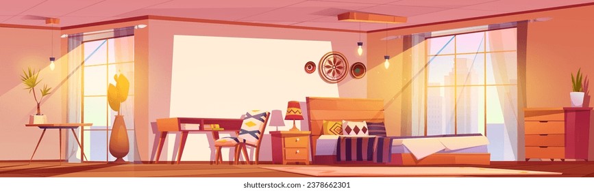 Bedroom interior in boho style with sun beam through large window, bed and decorative elements on walls. Cartoon vector illustration of rustic apartment with wooden furniture and plants in pots.