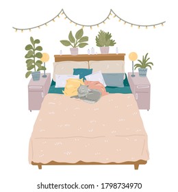 Bedroom interior. Cat sleeping on pillow in bed. Cozy bedroom in trendy hygge scandinavian style. Comfy bedroom. Isolated on white background. Vector illustration