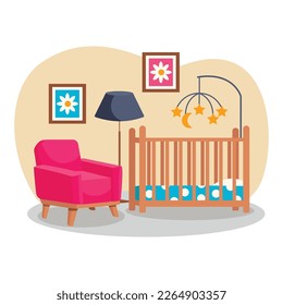 El interior de la habitación. Habitación infantil. Vector, sin fondo. Cuna, sillón, cuadros, lámpara de pie, móvil para niños.