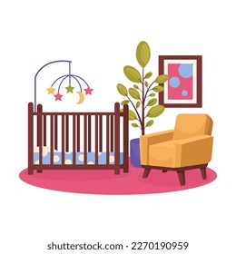 Bedroom interior. Children's room. Vector, no background. Cradle, armchair, painting, plant, children's mobile.