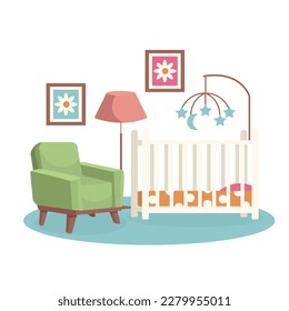 Bedroom interior. Children's room. Vector, no background. Cradle, armchair, paintings, floor lamp, children's mobile.