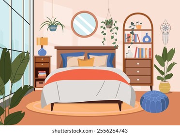 Bedroom interior. Comfortable bed, window,  bookcase and house plants. Vector flat cartoon illustration