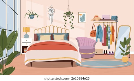 Bedroom interior. Comfortable bed, window,  chai, clothes and mirror. Vector flat cartoon illustration
