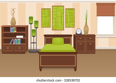 Bedroom interior concept with bed bookshelves and wardrobe vector illustration