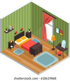 Bedroom interior concept with bed mirror and carpet isometric vector illustration