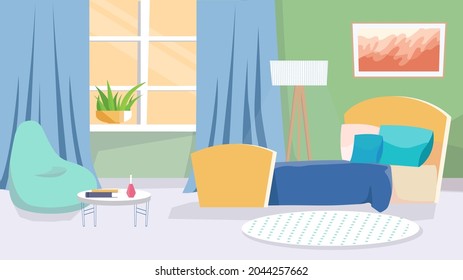 Bedroom interior concept in flat cartoon design. Bed with pillows, armchair bag, coffee table, window with curtains, plants and decor. Apartment inside. Vector illustration horizontal background