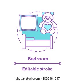 Bedroom interior concept icon. Room design idea thin line illustration. Bedroom furniture and accessory. Bed, pillow and teddy bear. Vector isolated outline drawing. Editable stroke