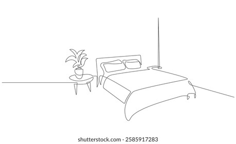 Bedroom Interior Continuous One Line Drawing. Line Art Bedroom. Hand Drawn Vector Art, Continuous One Line Drawing. Outline Drawing of Room Interior Minimalist Design Isolated on White Background.