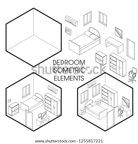 Bedroom interior creator. Vector isometric cutaway empty room and with modern furniture in linear style. Bedroom constructor.